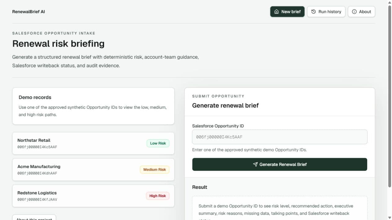 RenewalBrief production homepage with the Opportunity ID form and demo records.