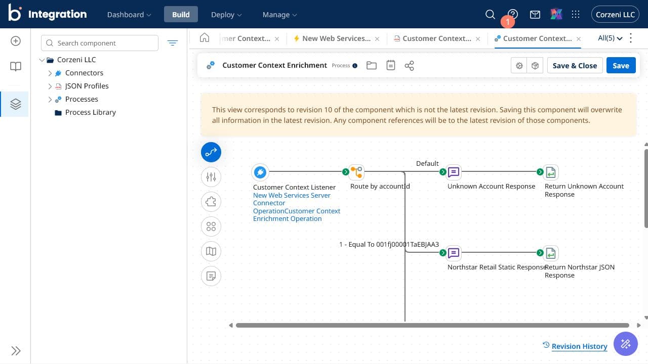 Boomi process canvas for customer context enrichment.